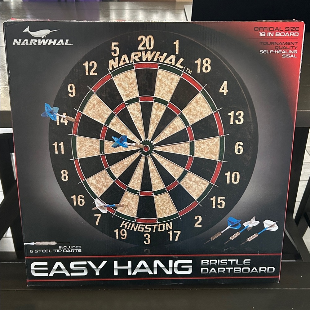 Never Used Never Opened Easy Hang Bristle Dartboard with Blue and White Darts
